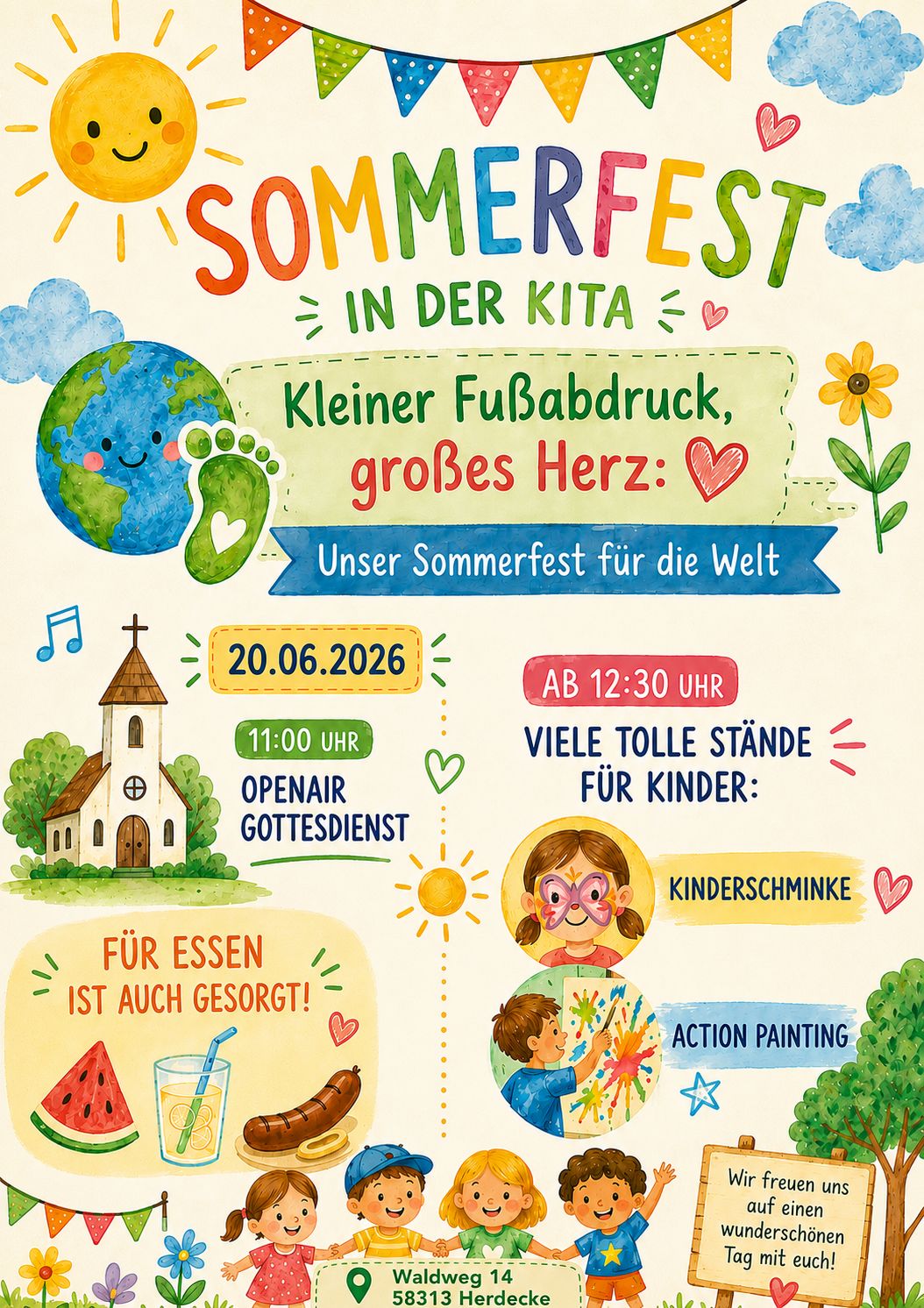 Einladungsplakat zum Sommerfest in der Kita am 20.06.2026. Motto: 'Kleiner Fußabdruck, großes Herz: Unser Sommerfest für die Welt'. Um 11:00 Uhr beginnt ein Openair-Gottesdienst, ab 12:30 Uhr gibt es Stände für Kinder mit Kinderschminken und Action Painting. Für Essen ist gesorgt. Veranstaltungsort: Waldweg 14, 58313 Herdecke.